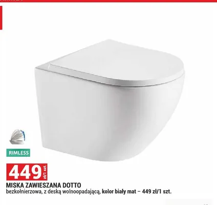Miska zawieszana DOTTO bezkołnierzowa, z deską wolnoopadającą, kolor biały mat promocja w Merkury Market
