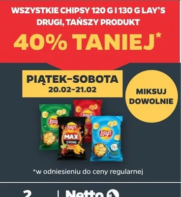 Wszystkie chipsy Lay's 120-130 g DRUGIE -40% promocja w Netto