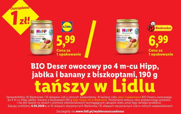 BIO Deser owocowy po 4m-cu jabłka i banany z biszkoptami Hipp promocja w Lidl