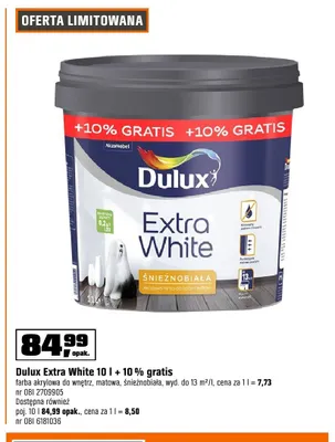 Farba akrylowa Dulux Extra White 10l + 10% gratis promocja w OBI