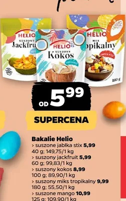 Bakalie Helio > suszony jackfruit 5,99 40 g; 149,75/1 kg > suszony jackfruit 5,99 60 g; 99,83/1 kg > suszony kokos 8,99 100 g; 89,90/1 kg > suszone miks tropikalny 9,99 180 g; 55,50/1 kg > suszone mango 10,99 125 g; 109,90/1 kg promocja w Netto