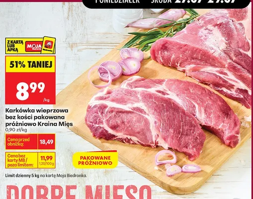 Karkówka wieprzowa bez kości pakowana próżniowo Kraina Mięs promocja w Biedronka
