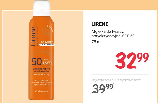 Mgiełka do twarzy Lirene antyoksydacyjna SPF 50 promocja w Rossmann