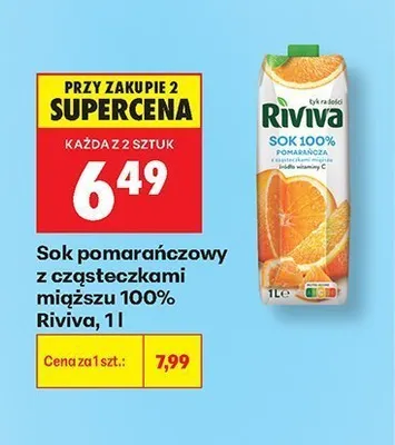 Sok pomarańczowy z cząsteczkami miąższu 100% Riviva promocja w Biedronka