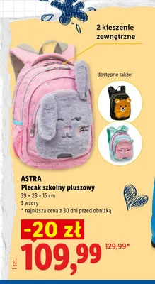 Plecak szkolny pluszowy Astra promocja w Lidl