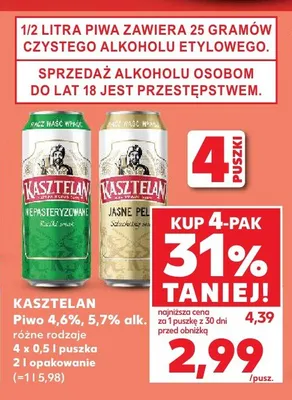 Piwo Kasztelan Jasne Pełne 4-pak promocja w Kaufland
