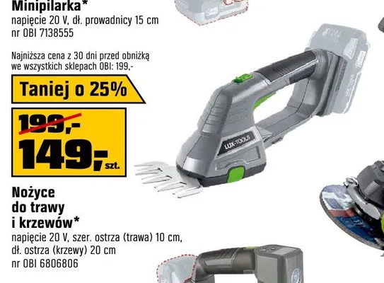 Nożyce do trawy i krzewów LUX-TOOLS napięcie 20V szer. ostrza (trawa) 10cm dł. ostrza (krzewy) 20cm promocja w OBI