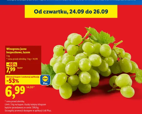 Winogrona jasne bezpestkowe luzem promocja w Lidl