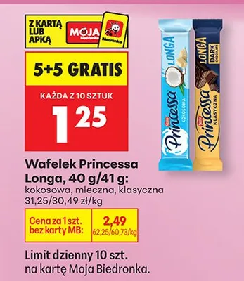Wafelek Princessa Longa, różne rodzaje 5+5 GRATIS promocja w Biedronka