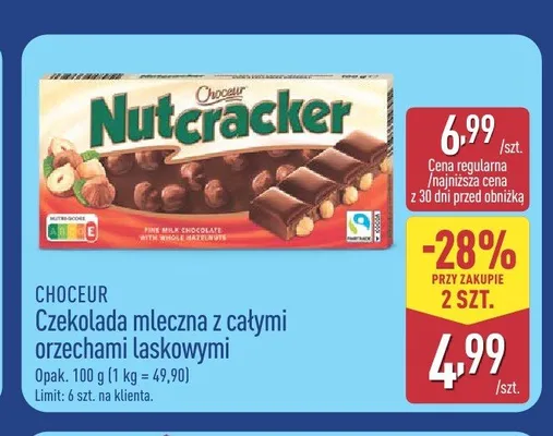 Czekolada mleczna z całymi orzechami laskowymi Choceur Nutcracker promocja w Aldi
