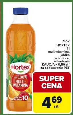 Sok multiwitamina jabłko w butelce, w kartonie promocja w Carrefour Express