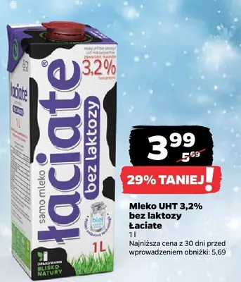 Mleko UHT 3,2% bez laktozy 1 l promocja w Netto