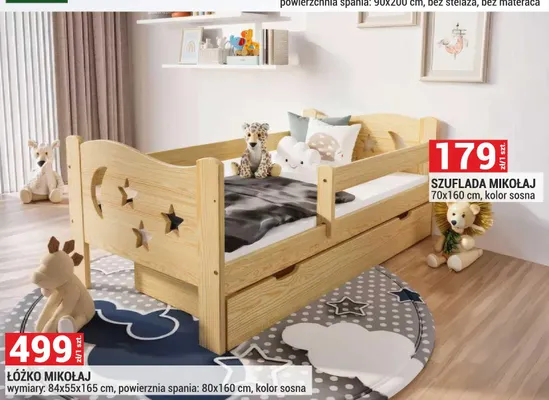 Łóżko Mikołaj kolor sosna wymiary 84x55x165cm powierzchnia spania 80x160cm promocja w Merkury Market