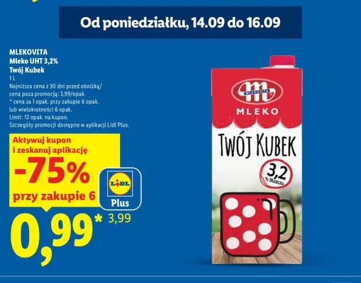Mleko UHT Twój Kubek Mlekovita 3,2% promocja w Lidl