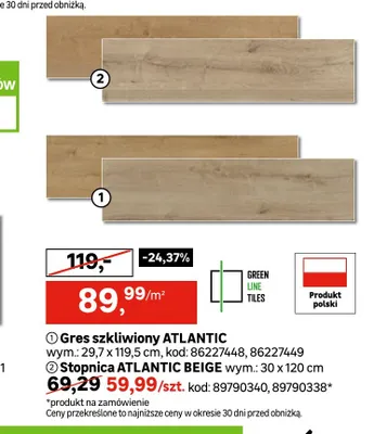 Stopnica Atlantic Beige 30x120 cm Green Line Tiles promocja w Leroy Merlin