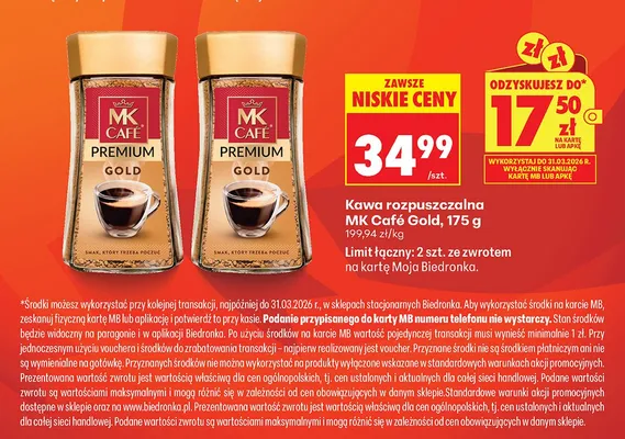 Kawa rozpuszczalna MK Café Premium Gold promocja w Biedronka