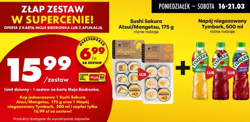 Zestaw: Sushi Sakura Atsui/Mangetsu 175g + napój niegazowany Tymbark 500ml promocja w Biedronka