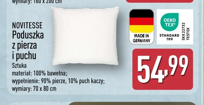Poduszka z pierza i puchu 70x80 cm Novitesse promocja w Aldi