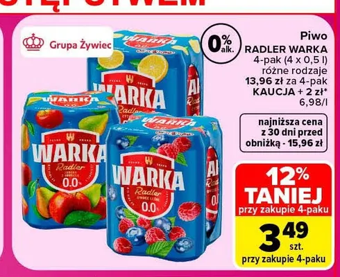Piwo Radler Warka 4-pak promocja w Carrefour Market