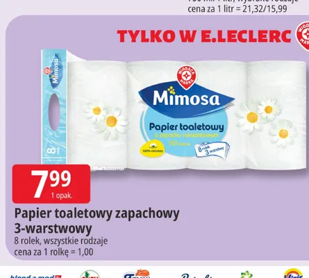 Papier toaletowy zapachowy 3-warstwowy Mimosa 8-pak promocja w Leclerc