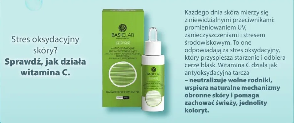 Antyoksydacyjne serum wyrównujące BasicLab Esteticus z wit. C 15% prebiotykiem i filtratem z wody ryżowej promocja w Hebe