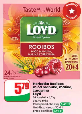 Herbatka Rooibos miód manuka, malina, żurawina promocja w Dino