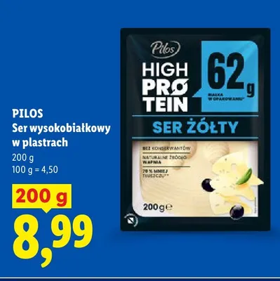 Ser żółty wysokobiałkowy w plastrach Pilos High Protein promocja w Lidl