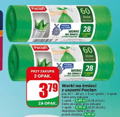 Worki na śmieci z uszami Paclan 60 l 30-pak promocja w Dino