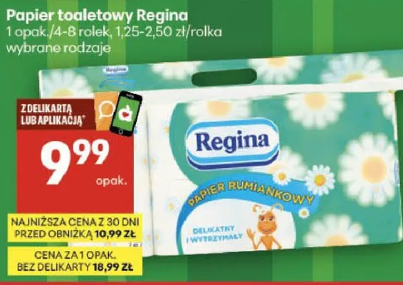 Papier toaletowy Regina 1 opak./4-8 rolek 1.25-2.50zł/rolka promocja w Delikatesy Centrum