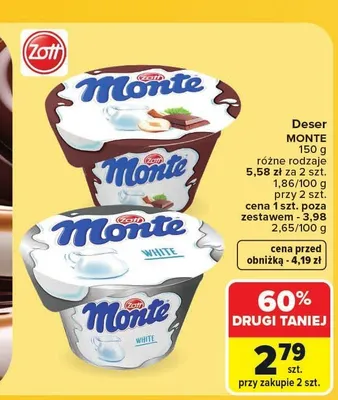 Deser mleczno-orzechowy Zott Monte White promocja w Carrefour Market