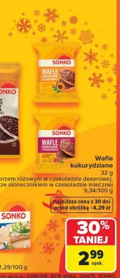 Wafle kukurydziane z pieprzem różowym w czekoladzie deserowej ze słonecznikiem w czekoladzie mlecznej promocja w Carrefour Market