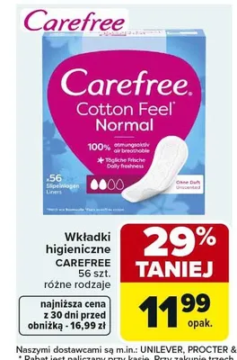 Wkładki higieniczne CAREFREE Cotton Feel Normal promocja w Carrefour Market
