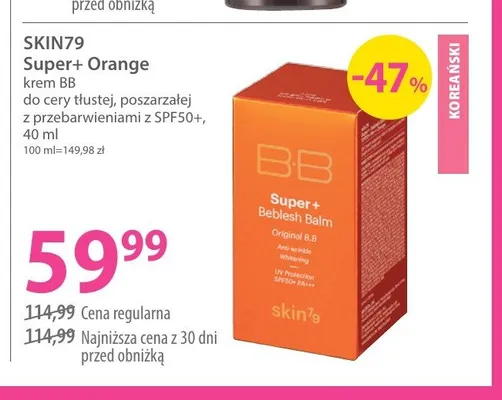 Krem BB do cery tłustej, poszarzałej z przebarwieniami z SPF50+ Skin79 Super+ Orange promocja w Hebe