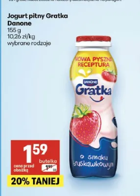 Jogurt pitny Gratka Danone truskawkowy promocja w Delikatesy Centrum