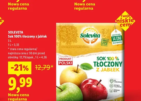 Sok tłoczony z jabłek Solevita 100% promocja w Lidl