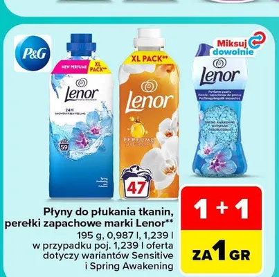 Płyny do płukania tkanin, perełki zapachowe Lenor promocja w Carrefour Market