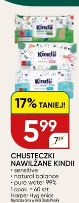 Chusteczki nawilżane Kindii sensitive 60-pak promocja w Chata Polska