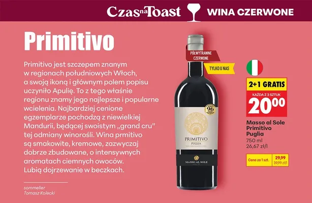 Wino Primitivo Puglia 2+1 GRATIS promocja w Biedronka