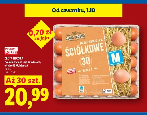 Jajka kurze Polskie świeże ściółkowe wielkość M Złota Nioska promocja w Lidl