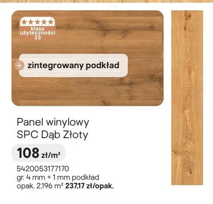 Panel winylowy SPC Dąb Złoty zintegrowany podkład klasa użyteczności 33 gr. 4mm + 1mm podkład promocja w Castorama