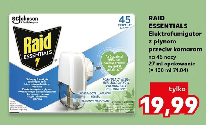 Elektrofumigator z płynem przeciw komarom na 45 nocy Raid Essentials promocja w Kaufland