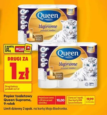 Papier toaletowy Queen Supreme 9 rolek promocja w Biedronka
