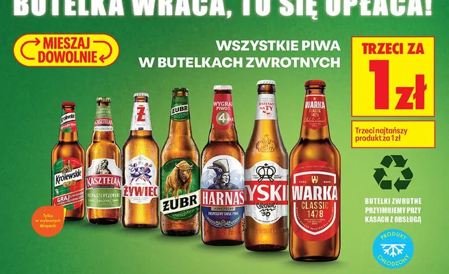 Wszystkie piwa w butelkach zwrotnych TRZECIE ZA 1 ZŁ promocja w Biedronka
