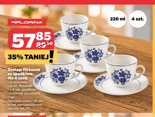 Zestaw filiżanek ze spodkiem dla 4 osób Florina promocja w Netto
