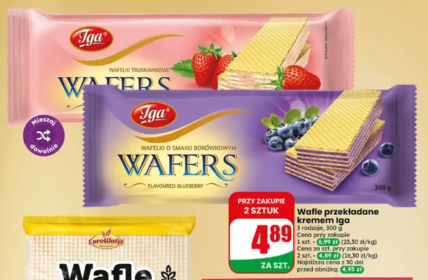 Wafle przekładane kremem o smaku borówkowym Iga promocja w Dino