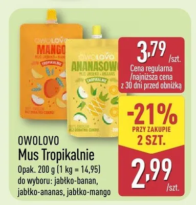 Mus Tropikalnie do wyboru: jabłko-banan, jabłko-ananas, jabłko-mango promocja w Aldi