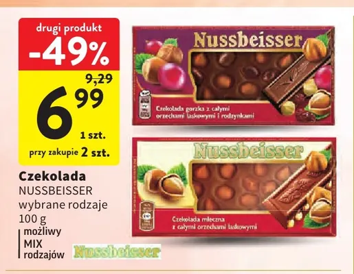 Czekolada gorzka z całymi orzechami laskowymi i rodzynkami Nussbeisser promocja w Intermarche