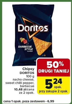 Chipsy Doritos nacho cheese, sweet chilli pepper, barbecue promocja w Carrefour Express