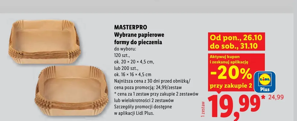 Papierowe formy do pieczenia Masterpro 120-pak 20x20x4,5 cm promocja w Lidl