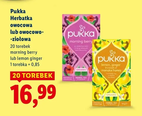 Herbatka Pukka owocowa lub owocowo-ziołowa morning berry lub lemon ginger promocja w Lidl